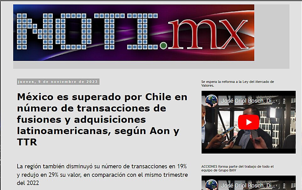 Mxico es superado por Chile en nmero de transacciones de fusiones y adquisiciones latinoamericanas, segn Aon y TTR
